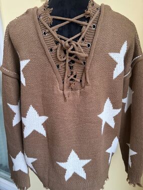 NWT POL Lace Up V Neck Star Sweater